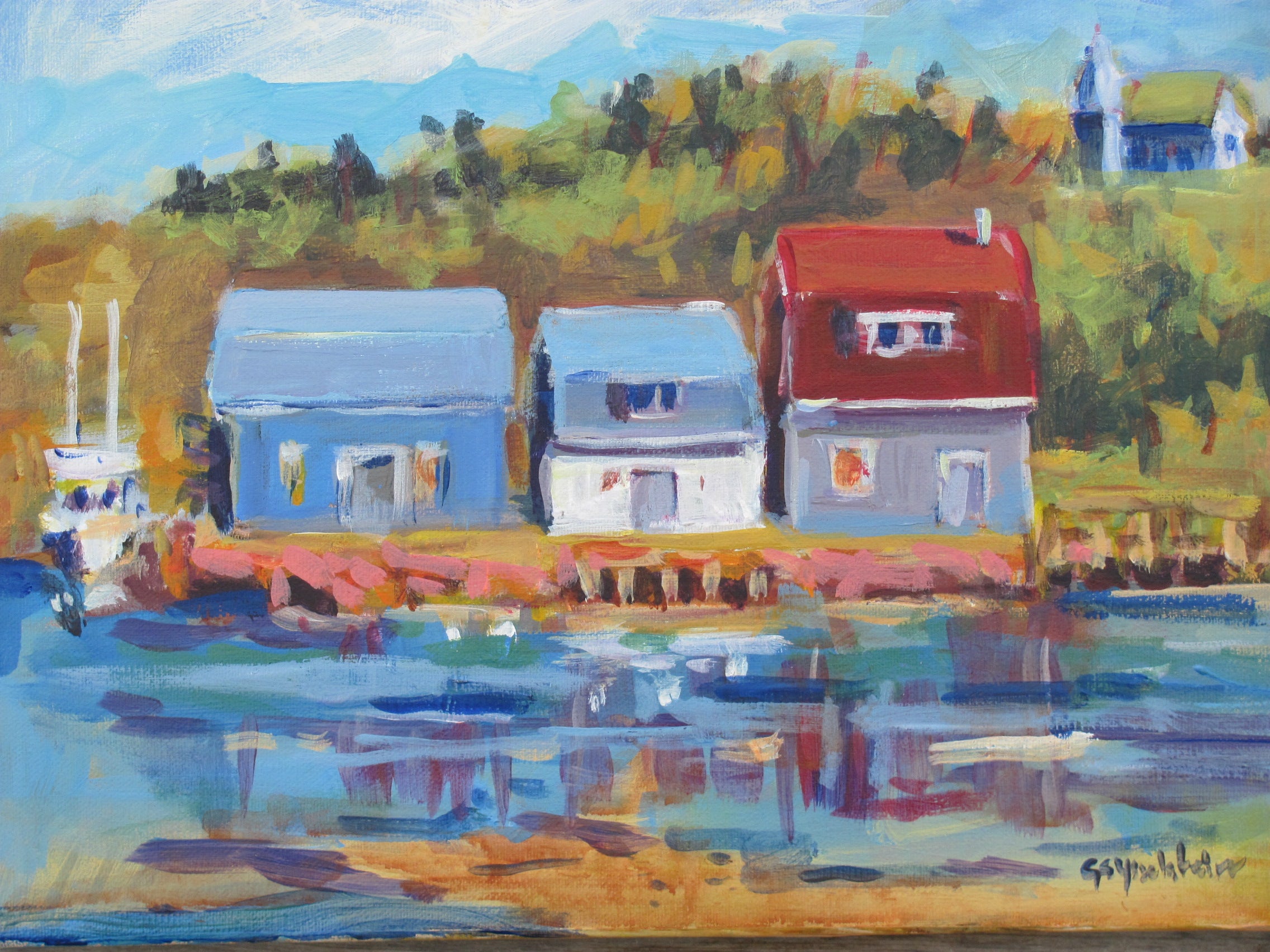 Painting of three houses by a body of water with trees in the background