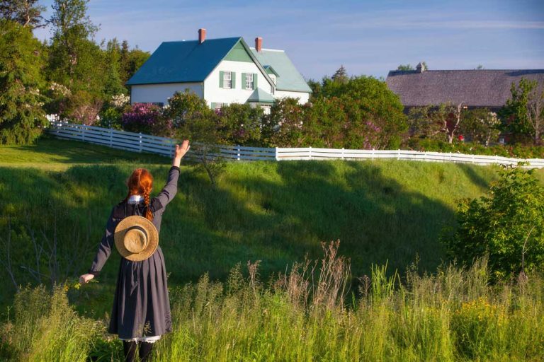 Person with a hat standing on a grassy hill with a house in the background