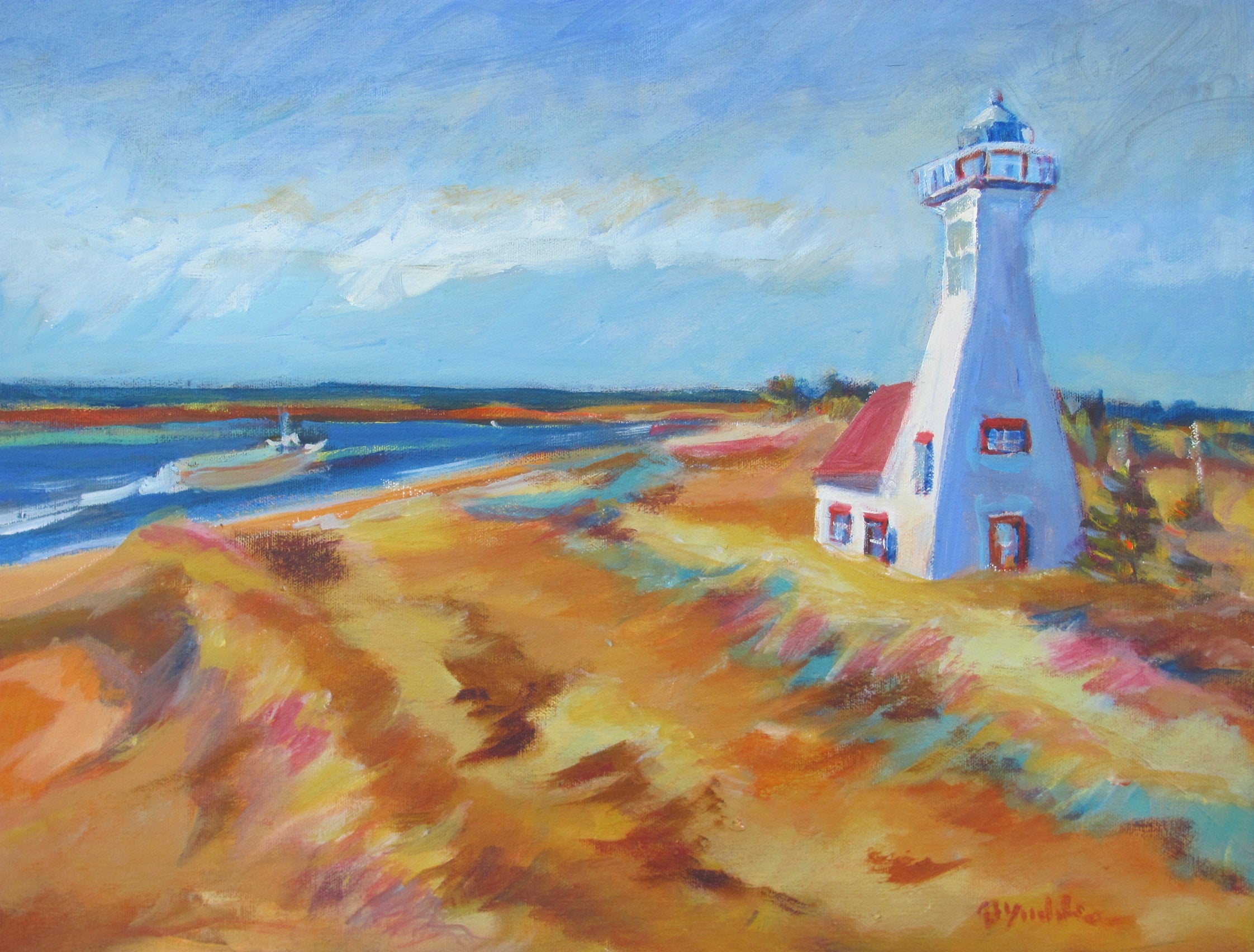 Painting of a lighthouse on a beach with a boat in the water.