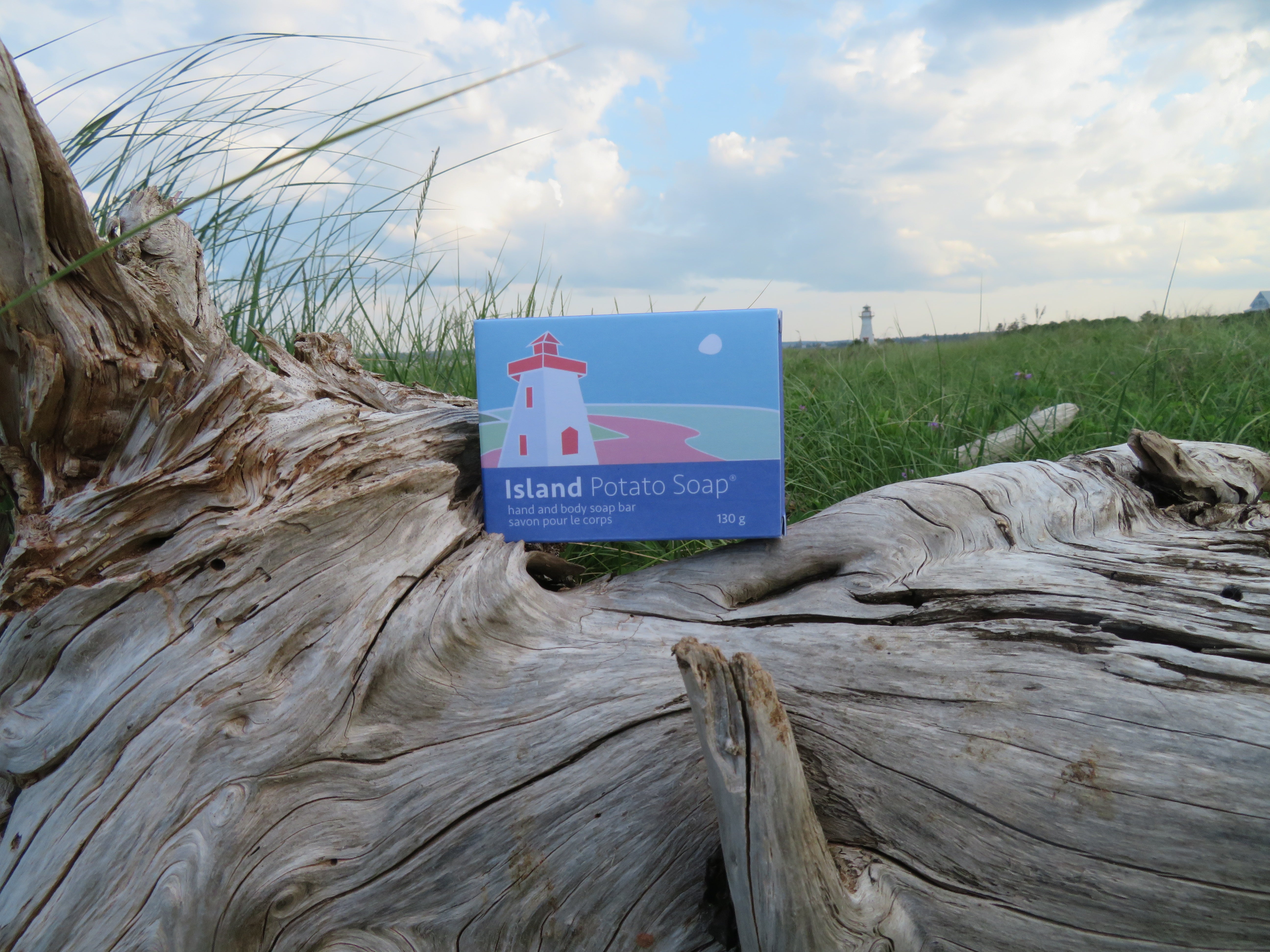 Box of Island Potato Soap on a piece of driftwood with a lighthouse in the background