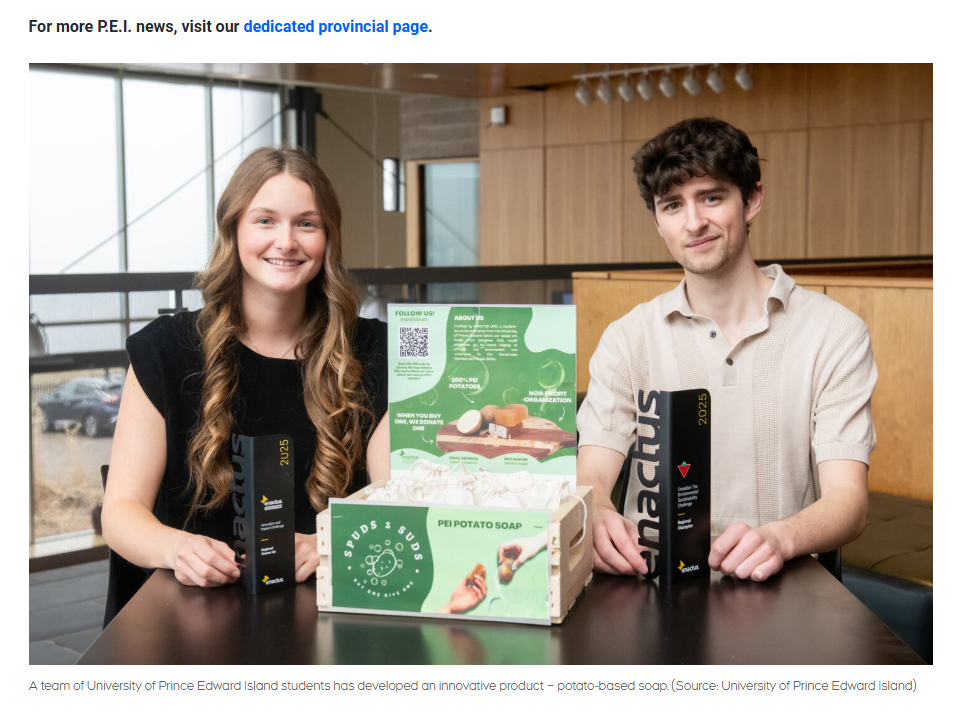 Screenshot of UPEI media release about Spuds2Suds potato soap project highlighting scientific claims
