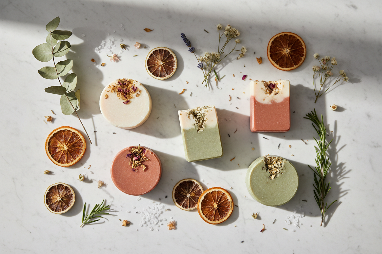 Artisan handcrafted soap bars arranged on a white marble surface with natural botanicals, dried herbs, and sliced citrus — a clean editorial flat lay in neutral spa tones.