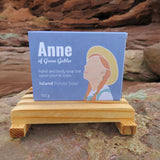 Soap bar packaging with 'Anne of Green Gables' branding on a rock background