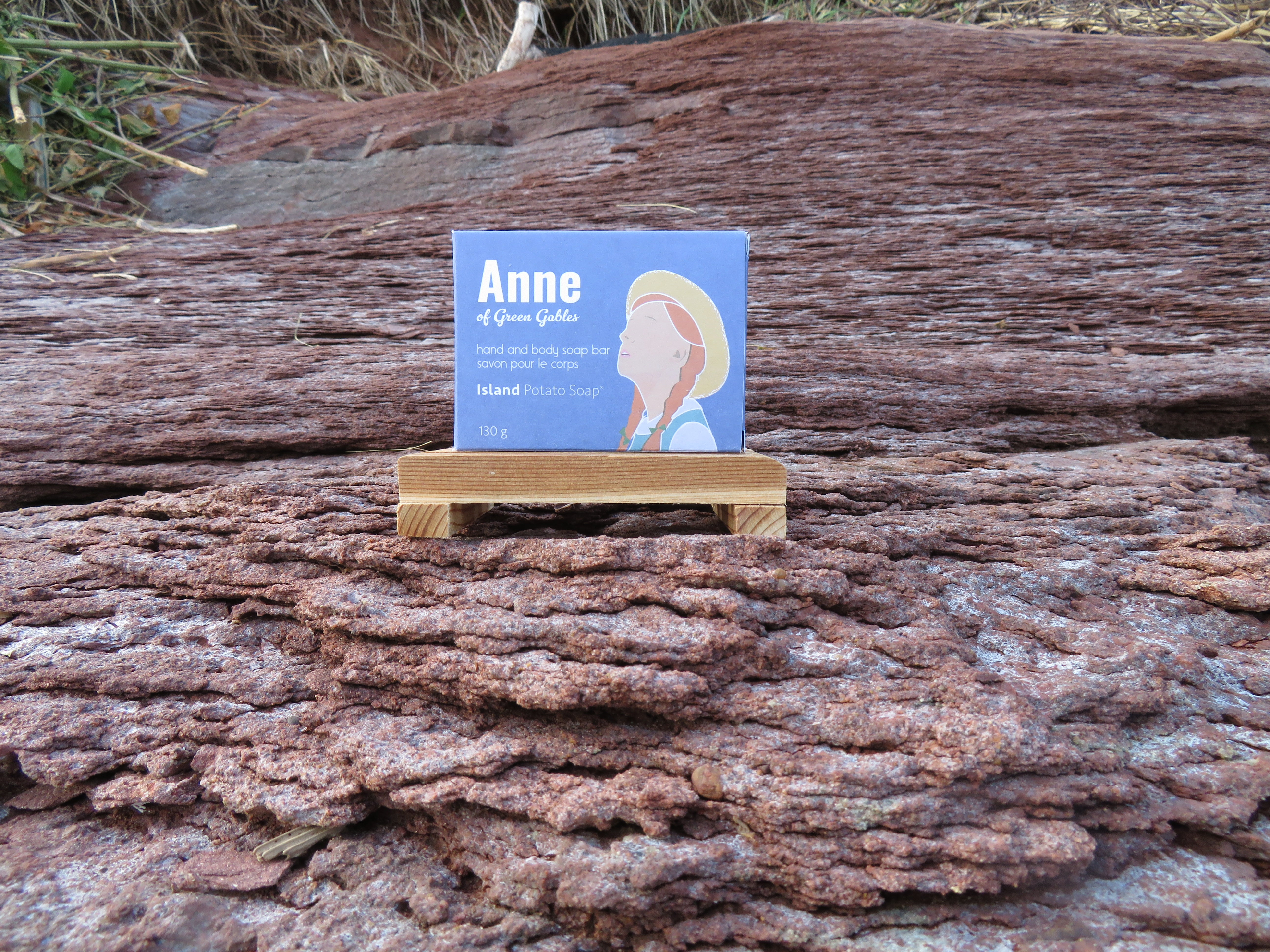 Small blue card with a woman's face on it, placed on a wooden stand against a natural background.