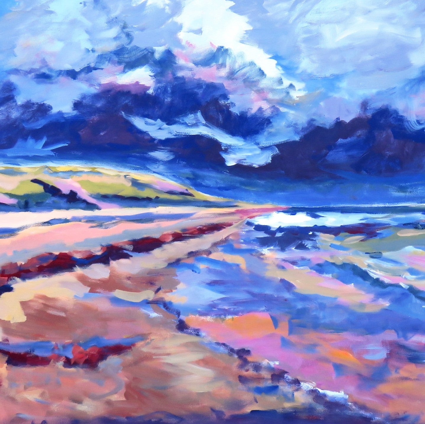 Colorful abstract painting of a landscape with a blue sky and ground.
