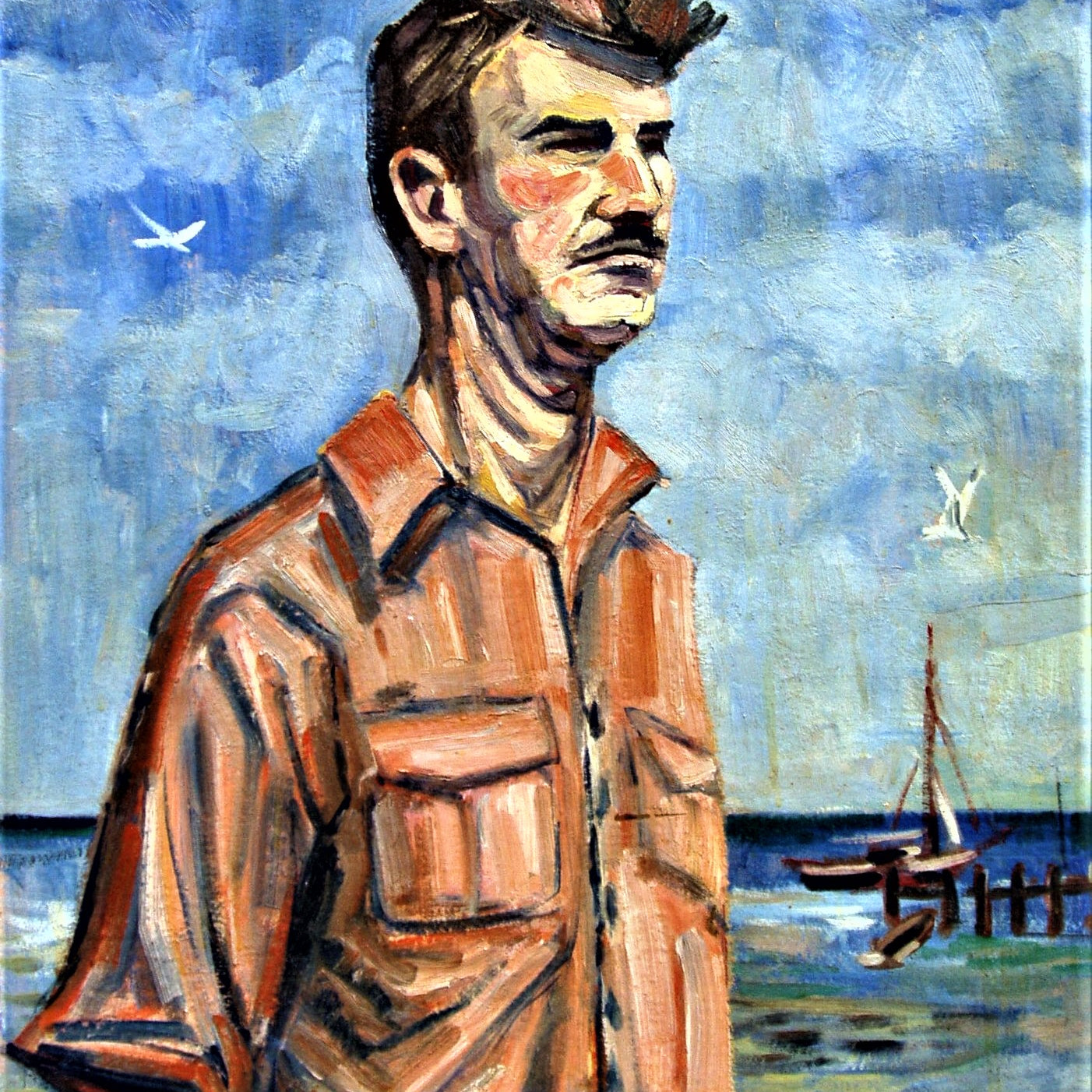 Painting of a man with a mustache and a boat in the background