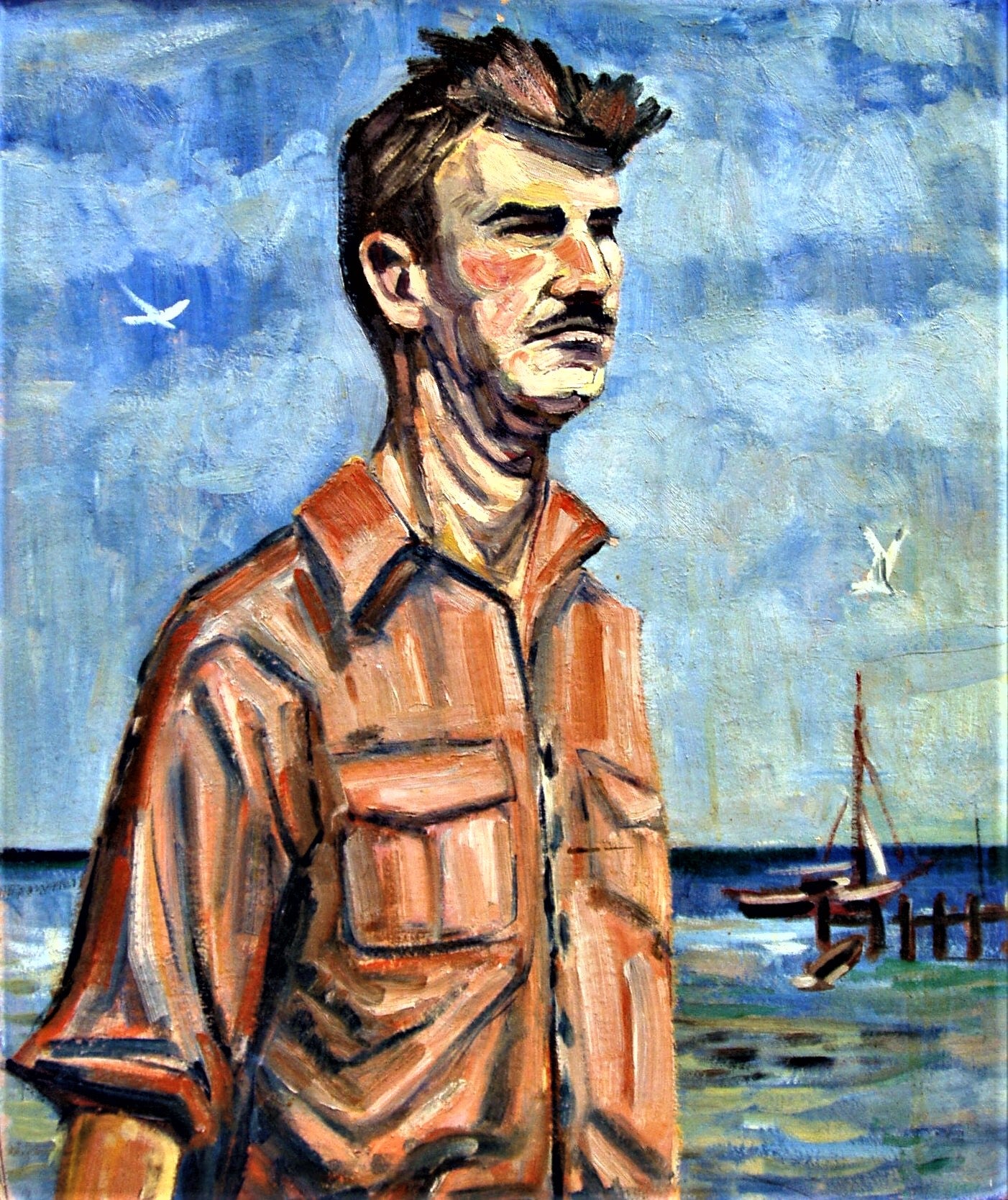 Painting of a man with a mustache and a boat in the background