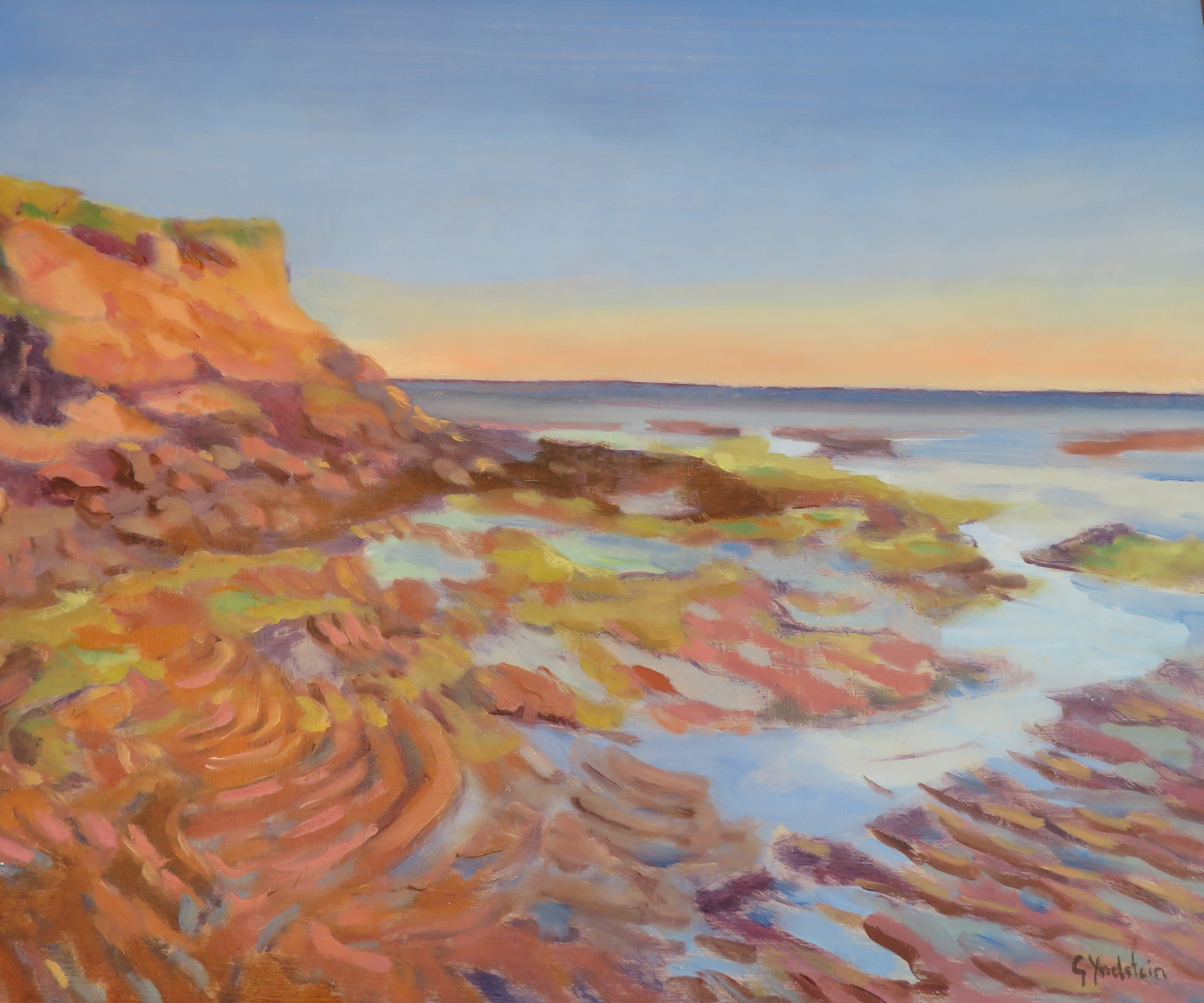 Colorful painting of a coastal landscape with cliffs and ocean.
