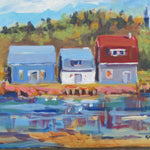 Painting of three houses by a body of water with trees in the background