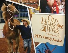 Collage of images including a person with a horse, a sign for Old Home Week in PEI, and people at an event.