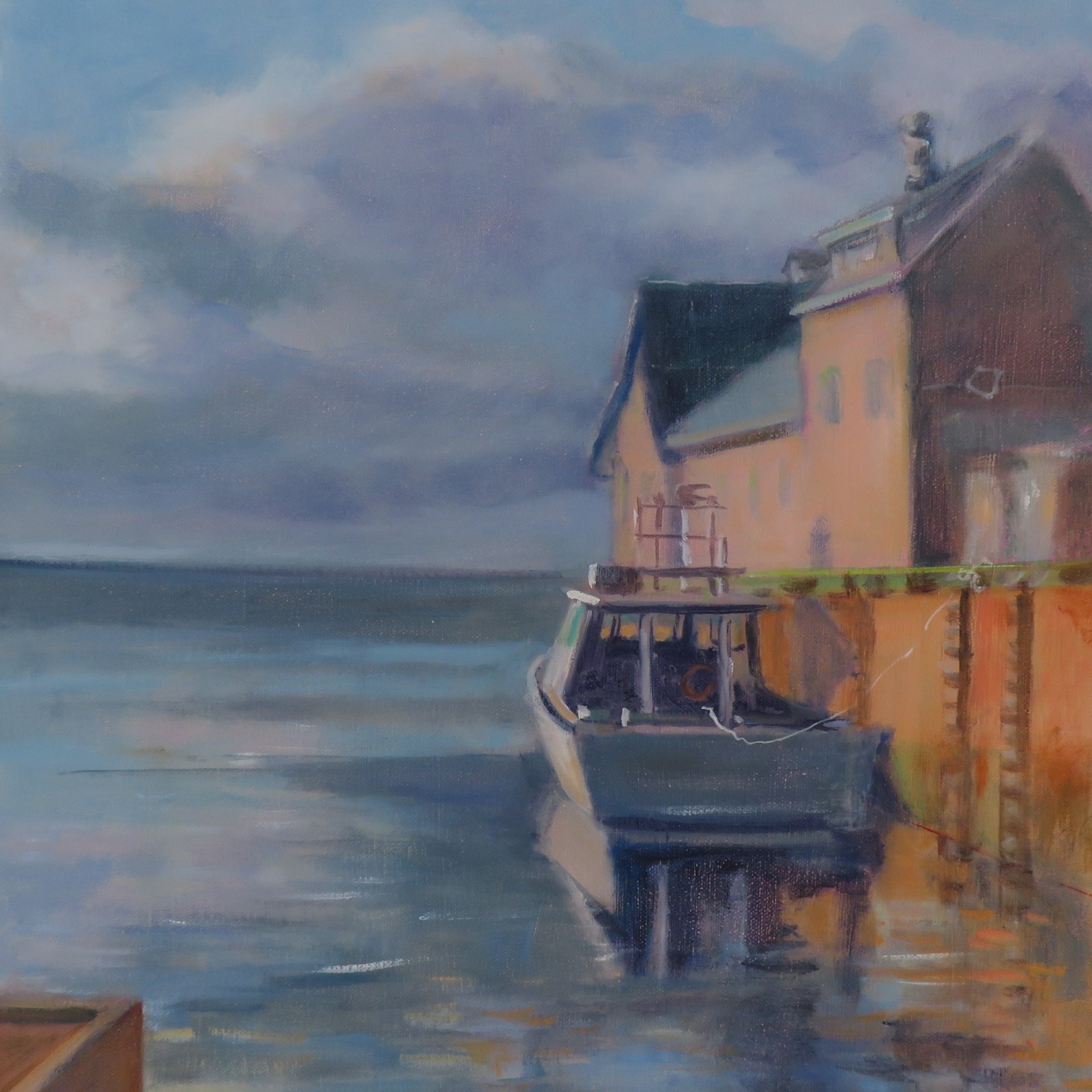 Painting of a house by the water with a boat docked in front
