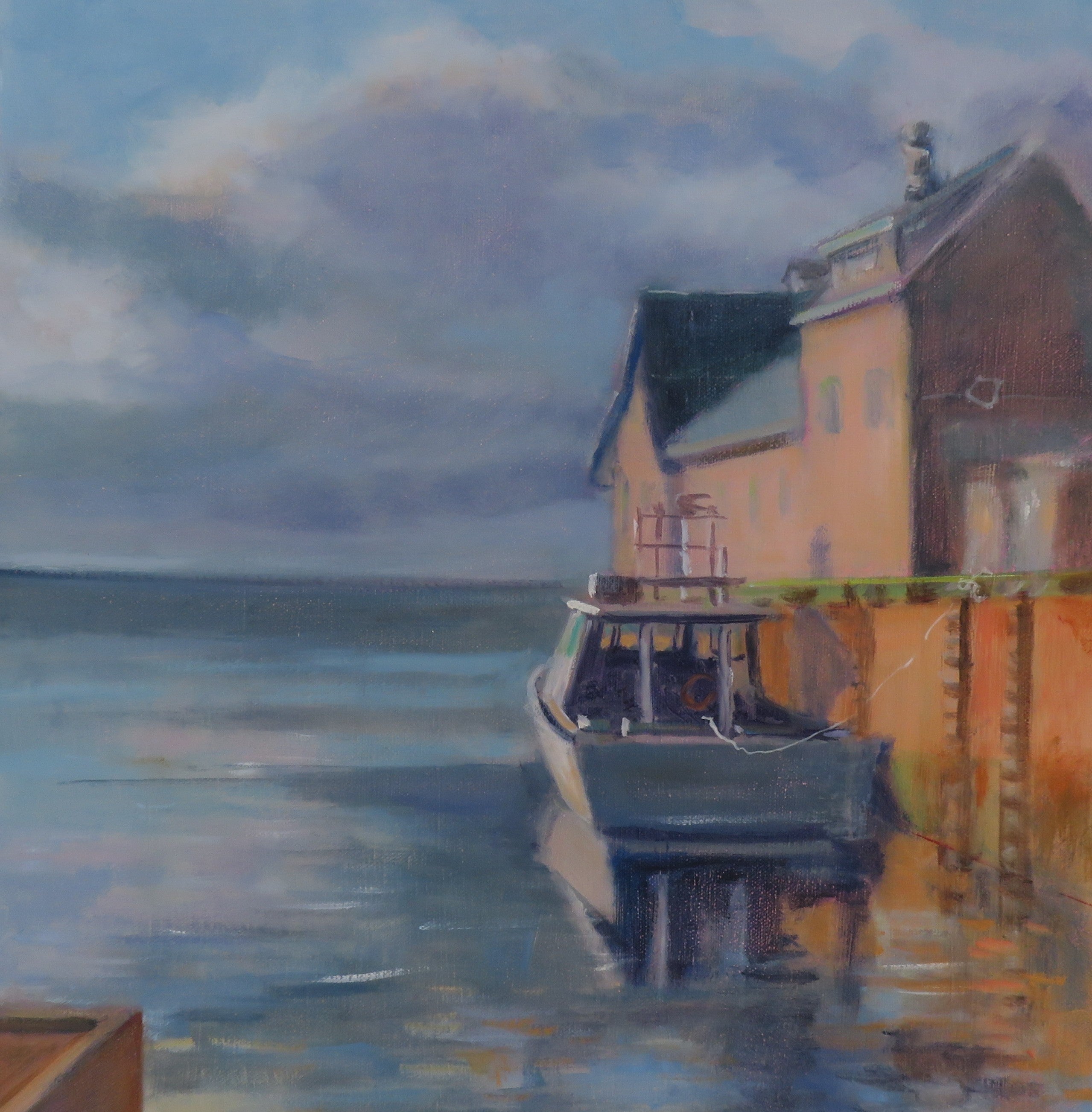 Painting of a house by the water with a boat docked in front