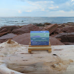 Small box with a scenic design on a wooden log by the ocean.