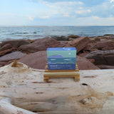 Small box with a scenic design on a wooden log by the ocean.