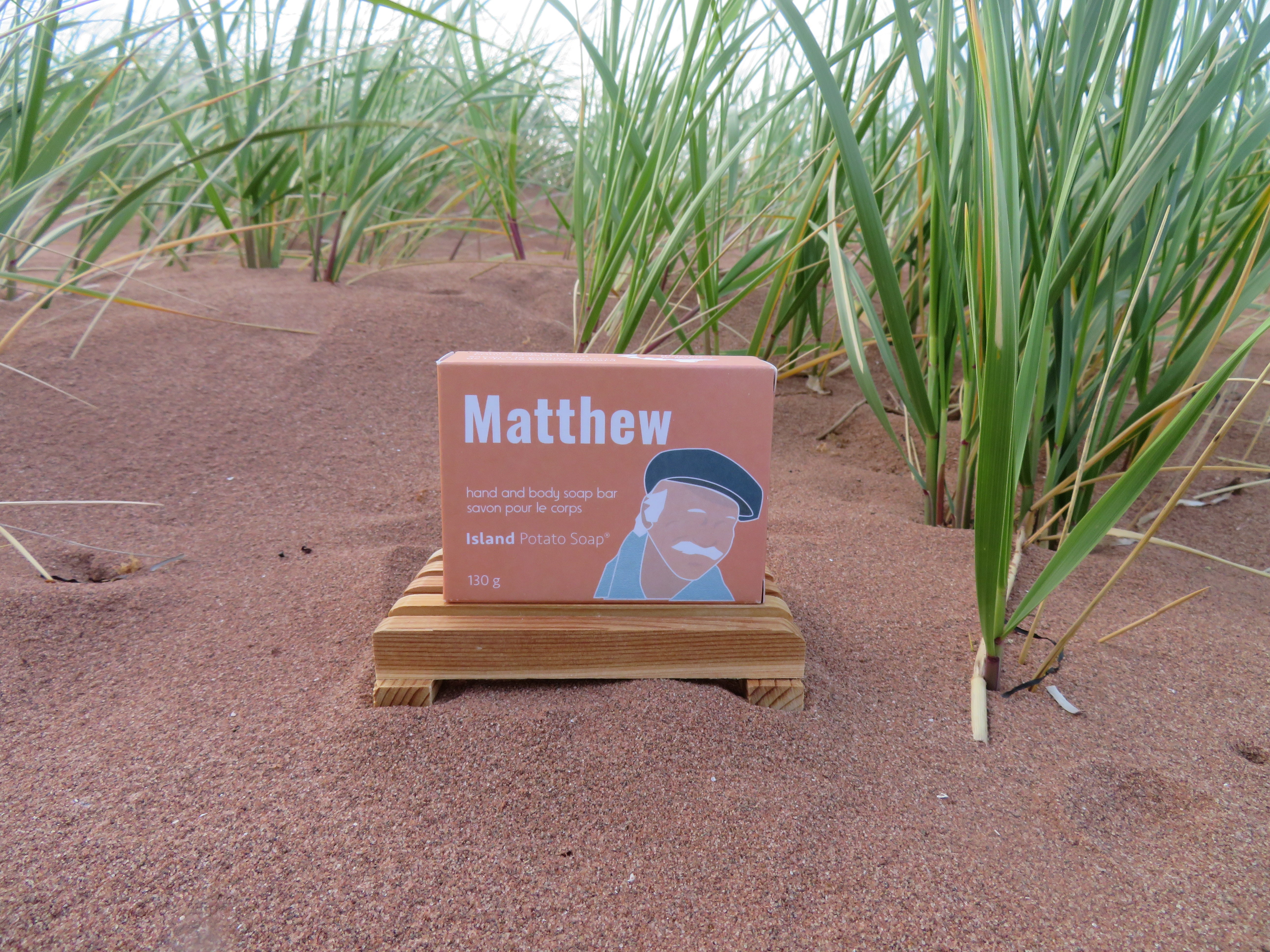 Book titled 'Matthew' on a stand in a field of tall green plants