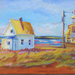Colorful painting of a house and lighthouse by a body of water.