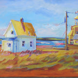 Colorful painting of a house and lighthouse by a body of water.