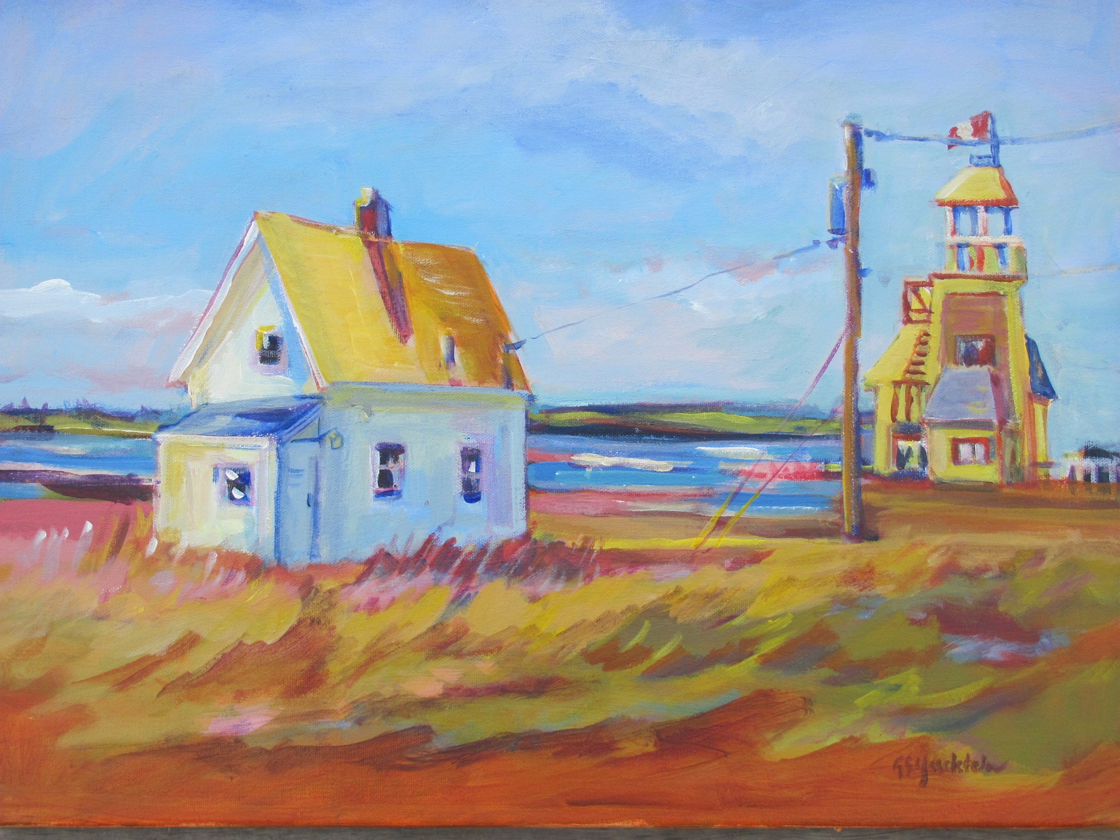 Colorful painting of a house and lighthouse by a body of water.
