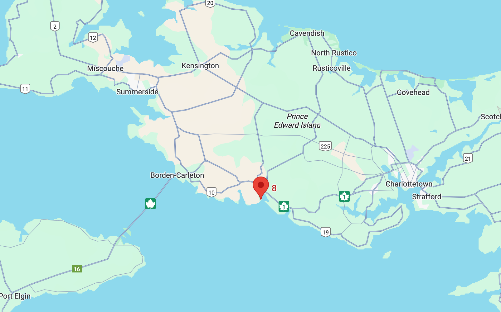 Map of Prince Edward Island with a red marker indicating a location.