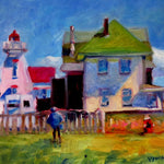 Painting of a lighthouse and house with a person walking towards them, set against a blue sky.