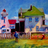 Painting of a lighthouse and house with a person walking towards them, set against a blue sky.