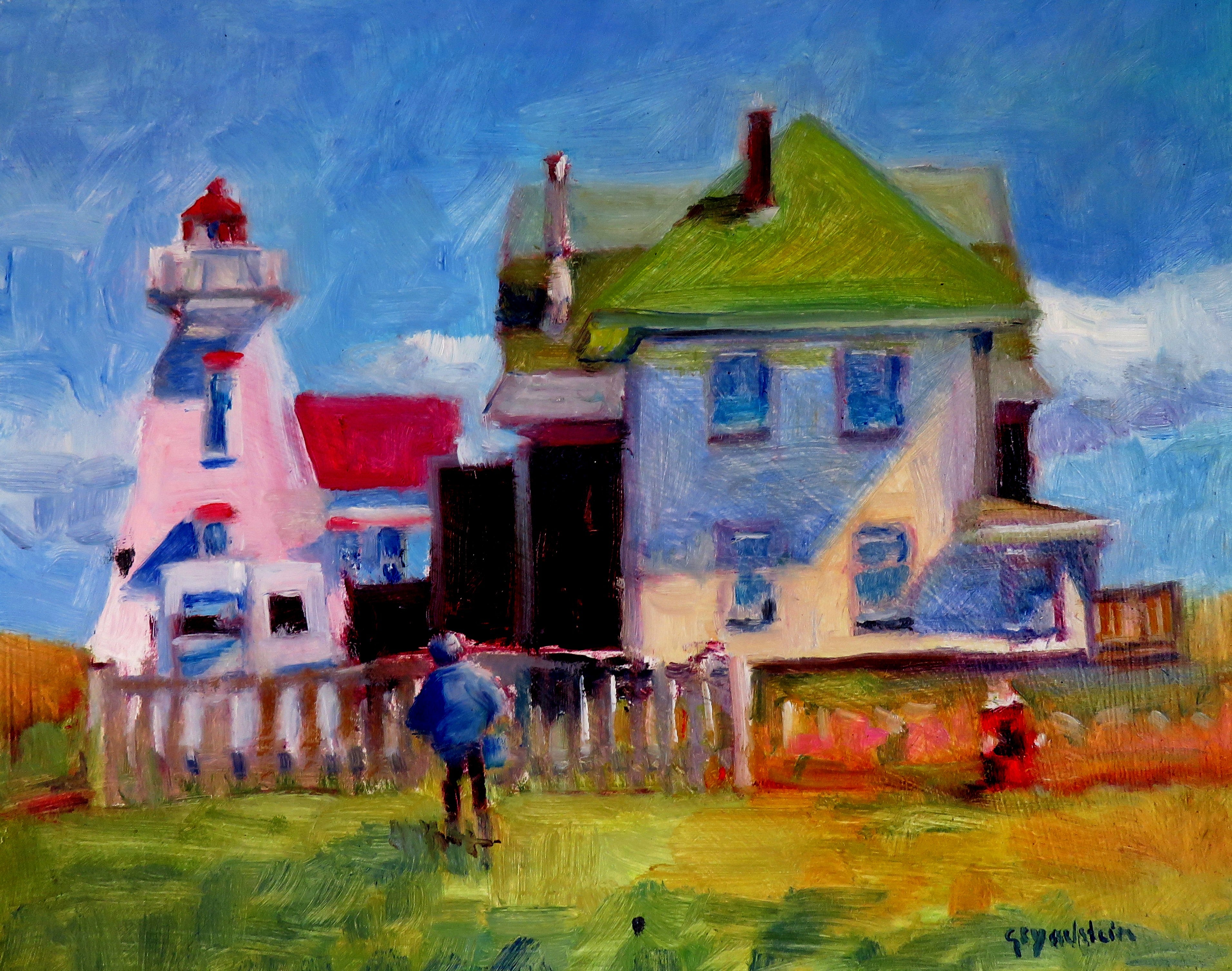 Painting of a lighthouse and house with a person walking towards them, set against a blue sky.