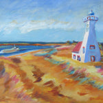 Painting of a lighthouse on a beach with a boat in the water.