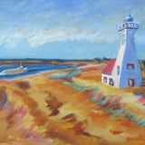 Painting of a lighthouse on a beach with a boat in the water.