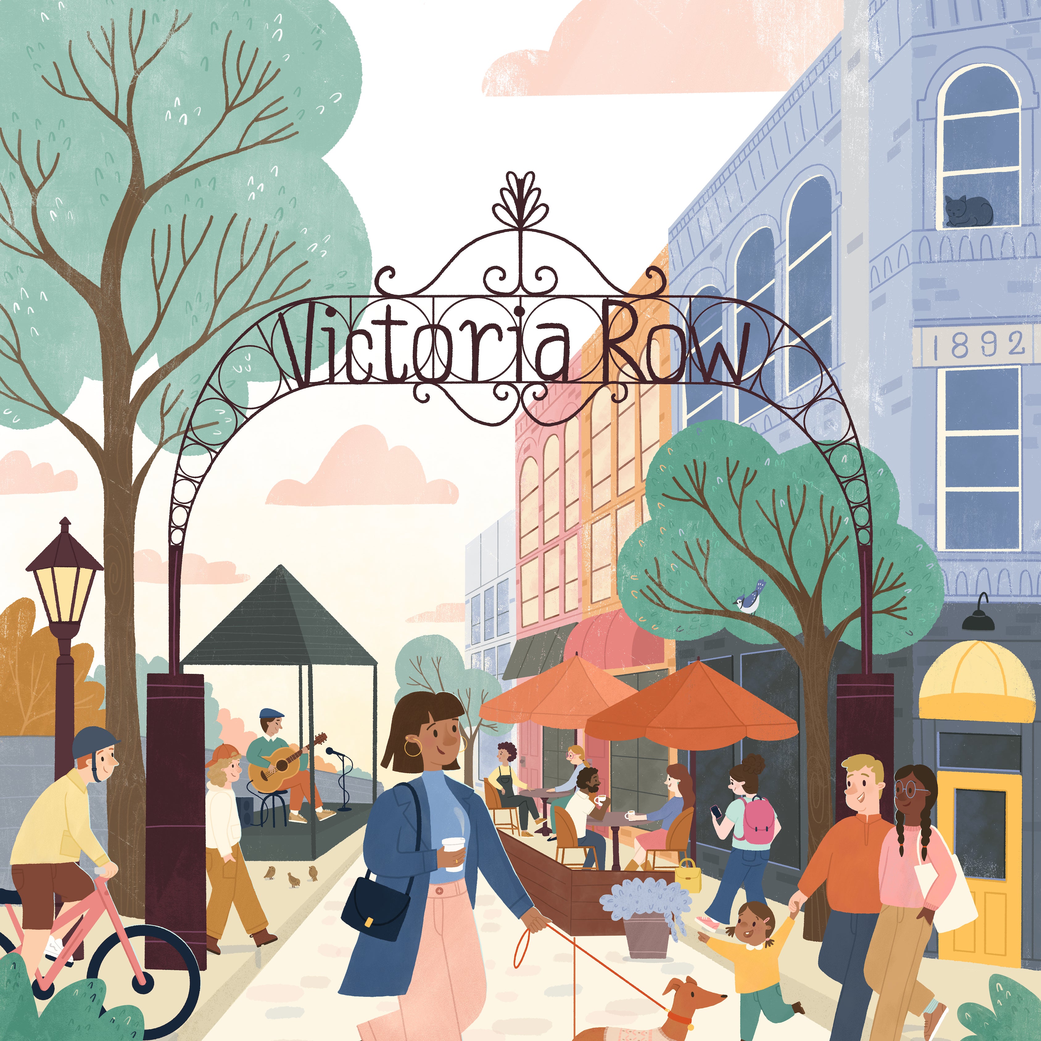 Illustration of a street scene with people, trees, and buildings labeled 'Victoria Row'.