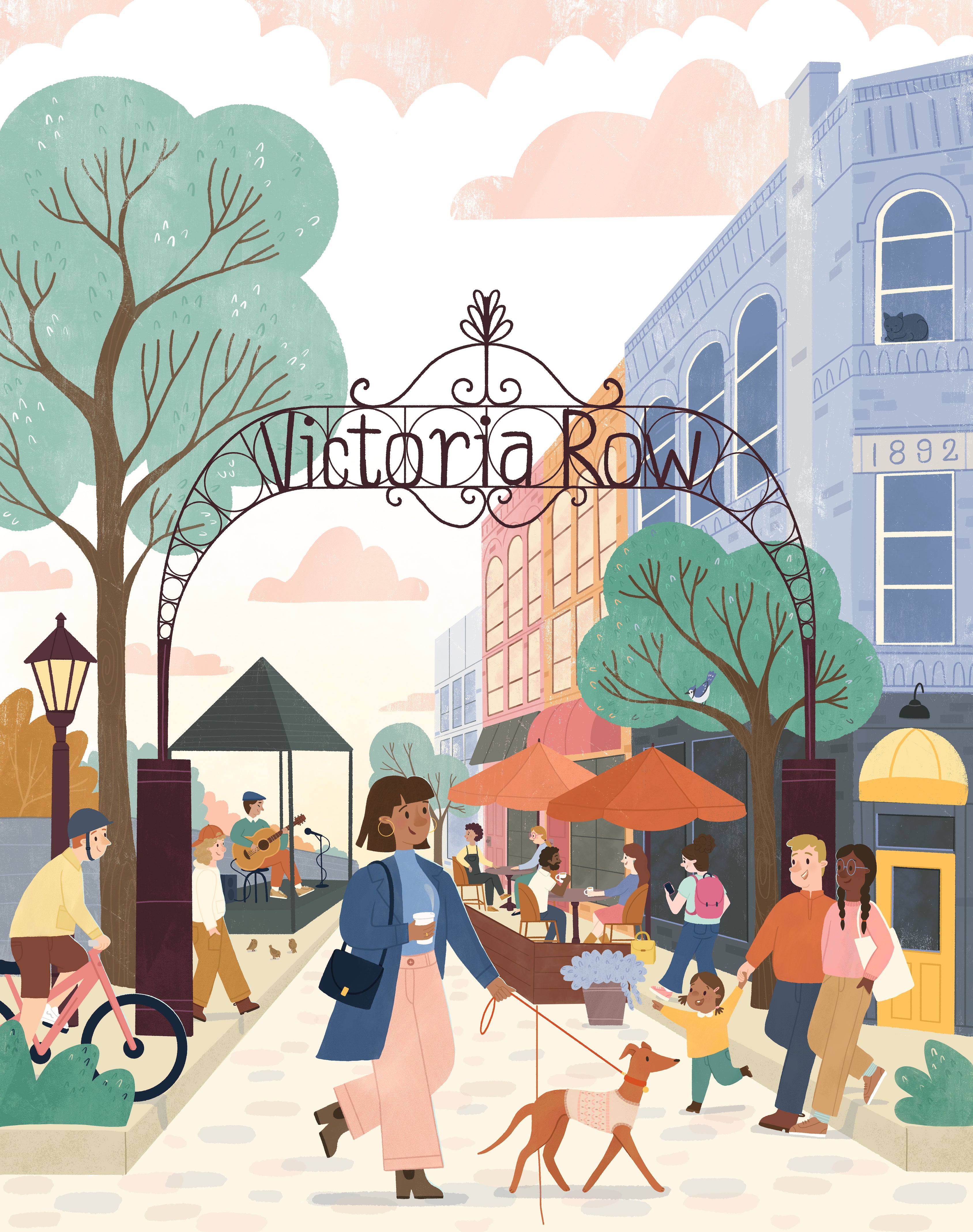 Illustration of a street scene with people, trees, and buildings labeled 'Victoria Row'.