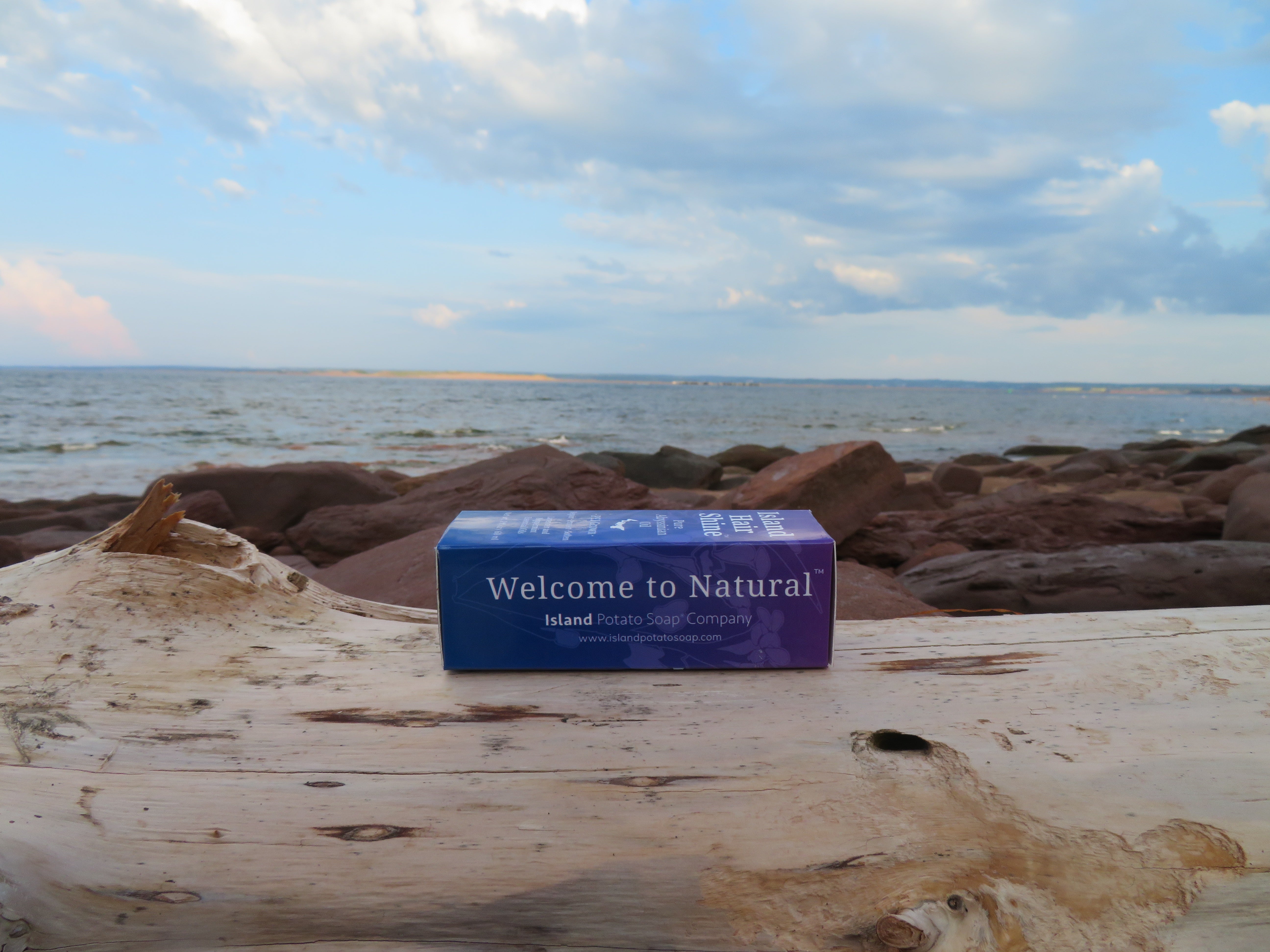 Box labeled 'Welcome to Natural' on a piece of driftwood with a beach background