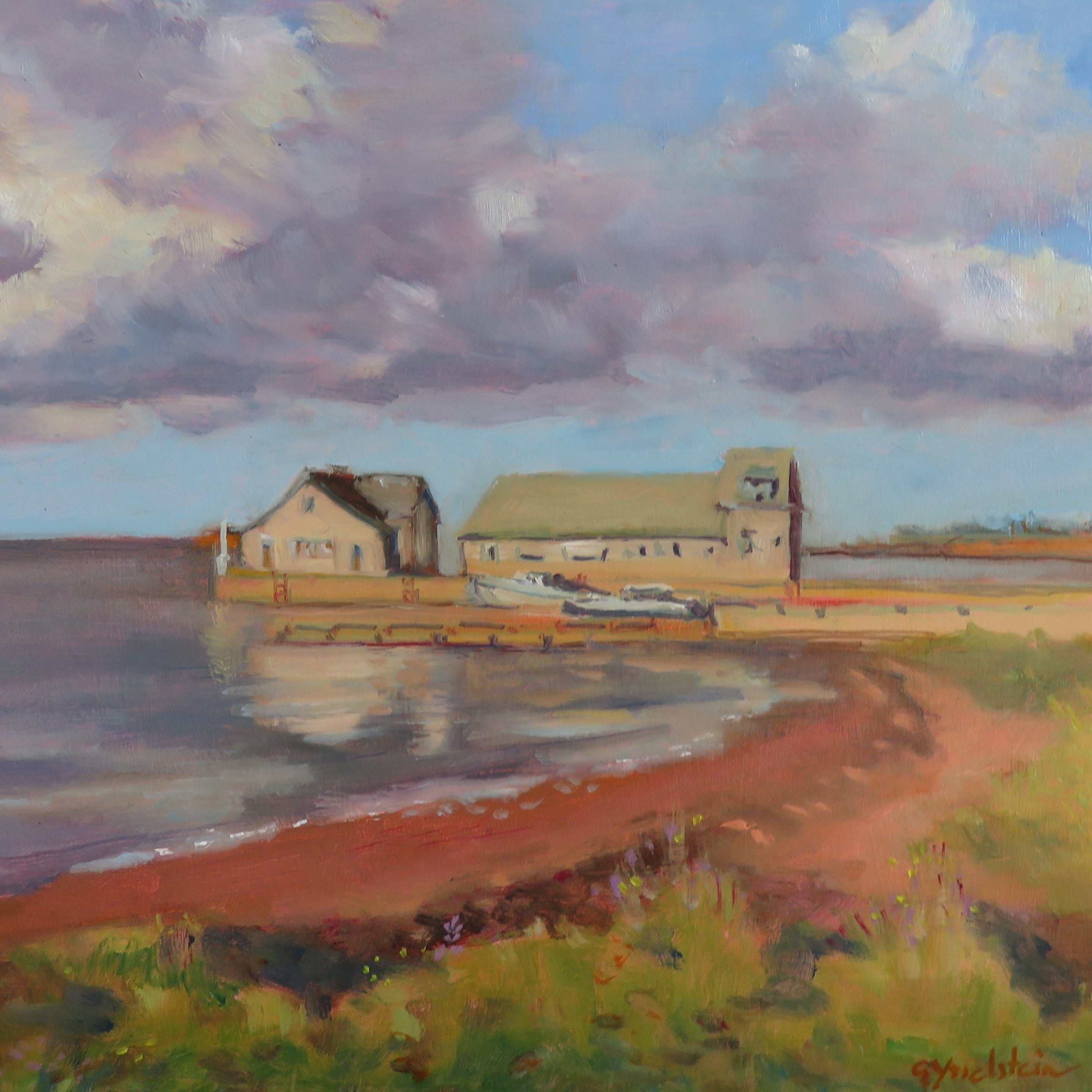 Painting of a coastal scene with buildings and a boat on a body of water.