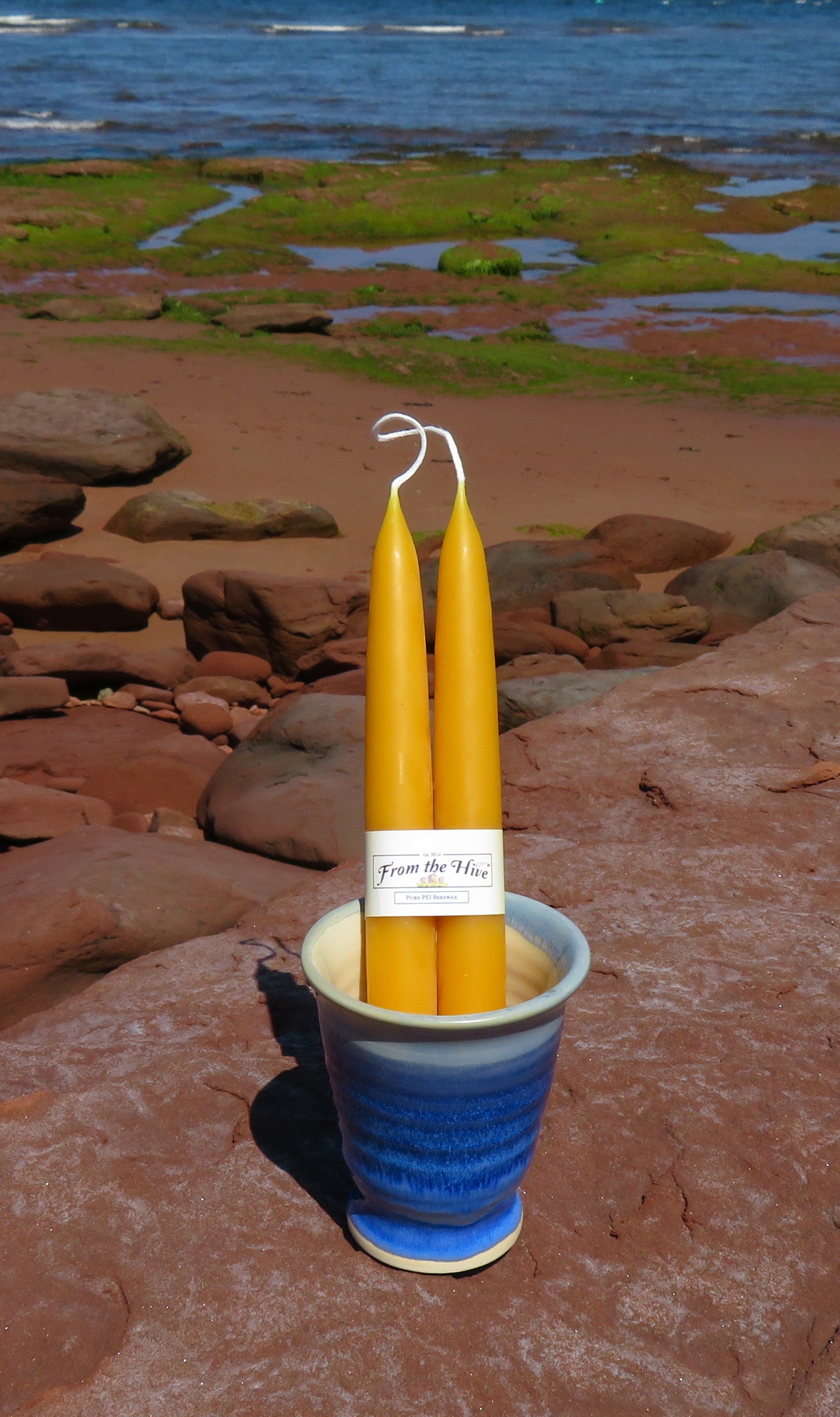 Three yellow candles in a blue holder on a rocky beach.
